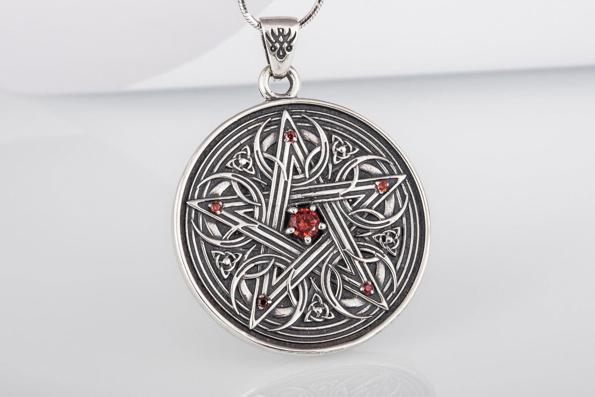 Pentagram Necklace with Red Cubic Zirconia Sterling Silver Handmade Jewelry