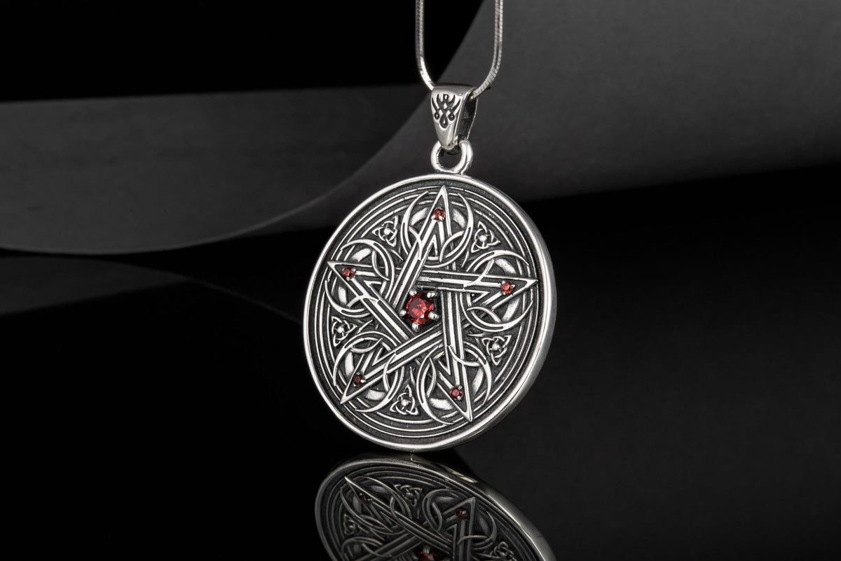 Pentagram Necklace with Red Cubic Zirconia Sterling Silver Handmade Jewelry