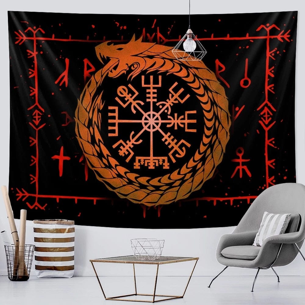 Jormungandr Vegvisir VIking Compass Wayfinder Fabric Tapestry Viking D