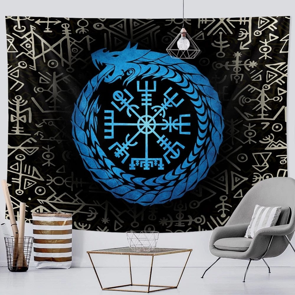 Jormungandr Vegvisir VIking Wayfinder Fabric Tapestry Viking Decor