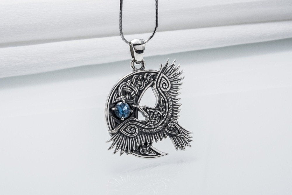 Unique 925 Silver Raven Pendant With Gem, Handmade Jewelry-2-Viking Warrior