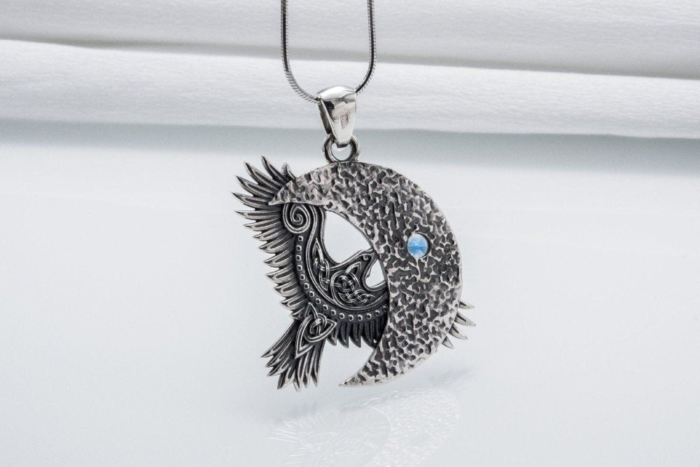Unique 925 Silver Raven Pendant With Gem, Handmade Jewelry-3-Viking Warrior
