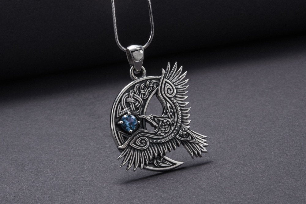 Unique 925 Silver Raven Pendant With Gem, Handmade Jewelry-4-Viking Warrior