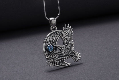 Unique 925 Silver Raven Pendant With Gem, Handmade Jewelry-4-Viking Warrior