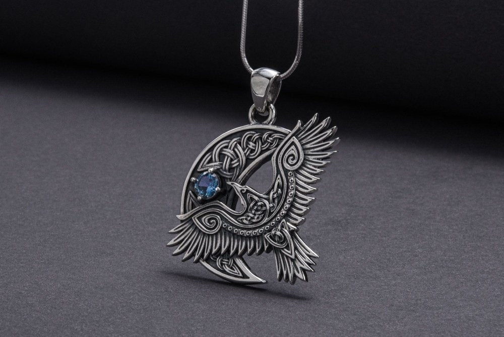 Unique 925 Silver Raven Pendant With Gem, Handmade Jewelry-5-Viking Warrior