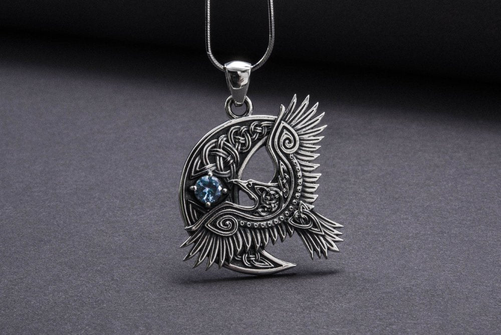 Unique 925 Silver Raven Pendant With Gem, Handmade Jewelry-6-Viking Warrior