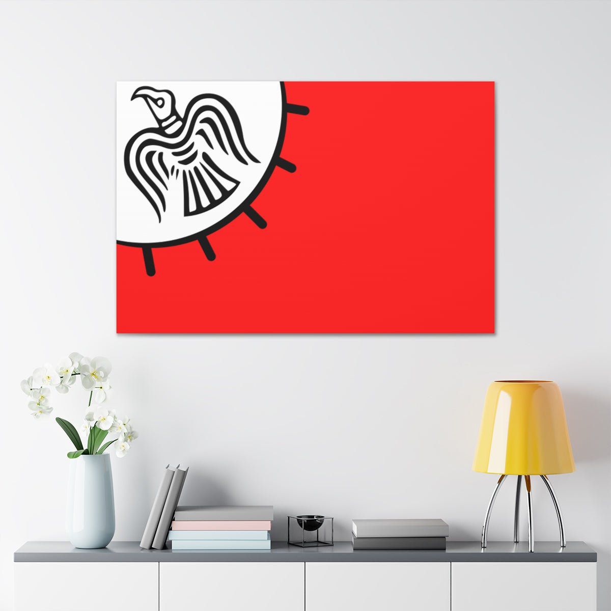 Viking Art on Canvas - Odin&#39;s Raven on White background on Red Banner