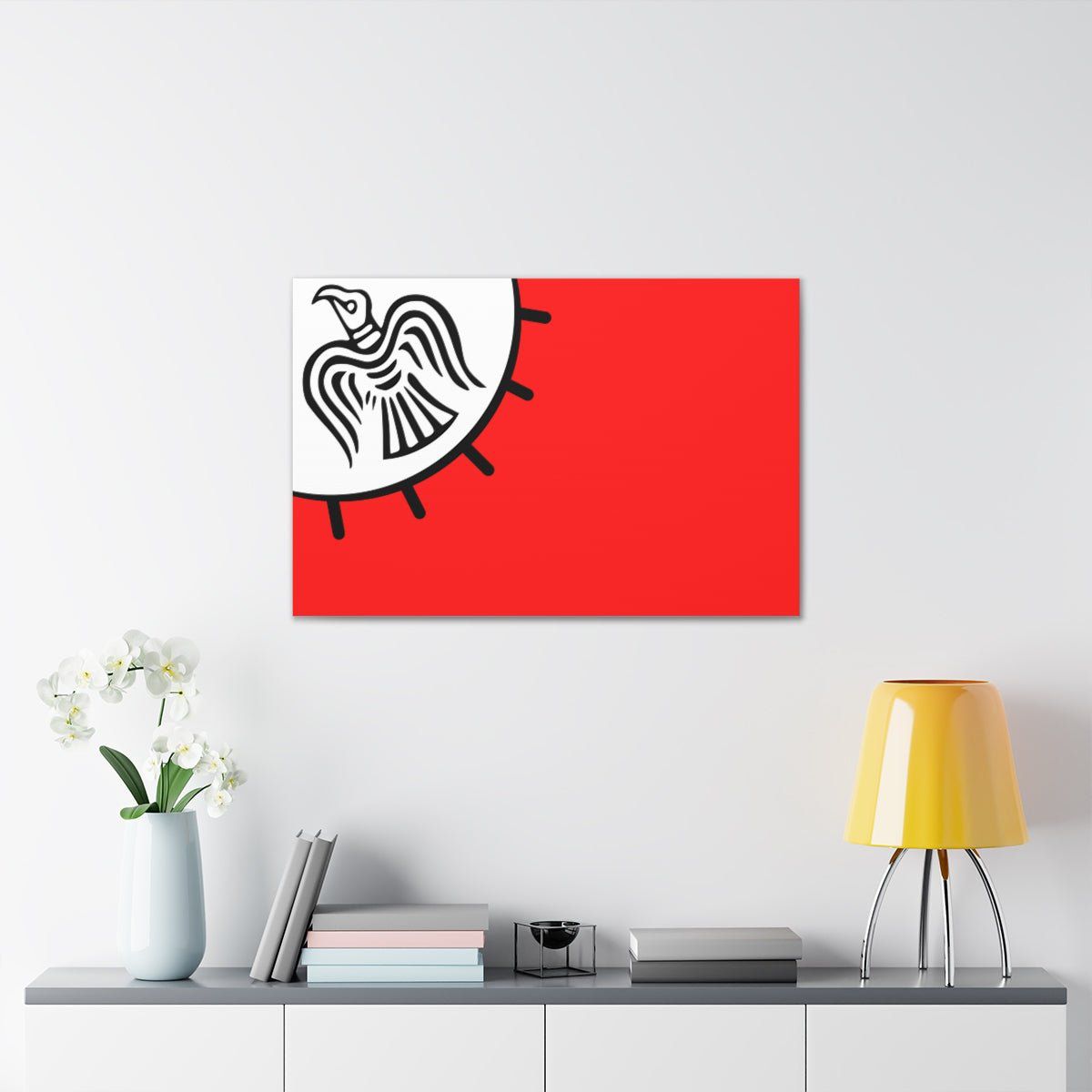 Viking Art on Canvas - Odin&#39;s Raven on White background on Red Banner