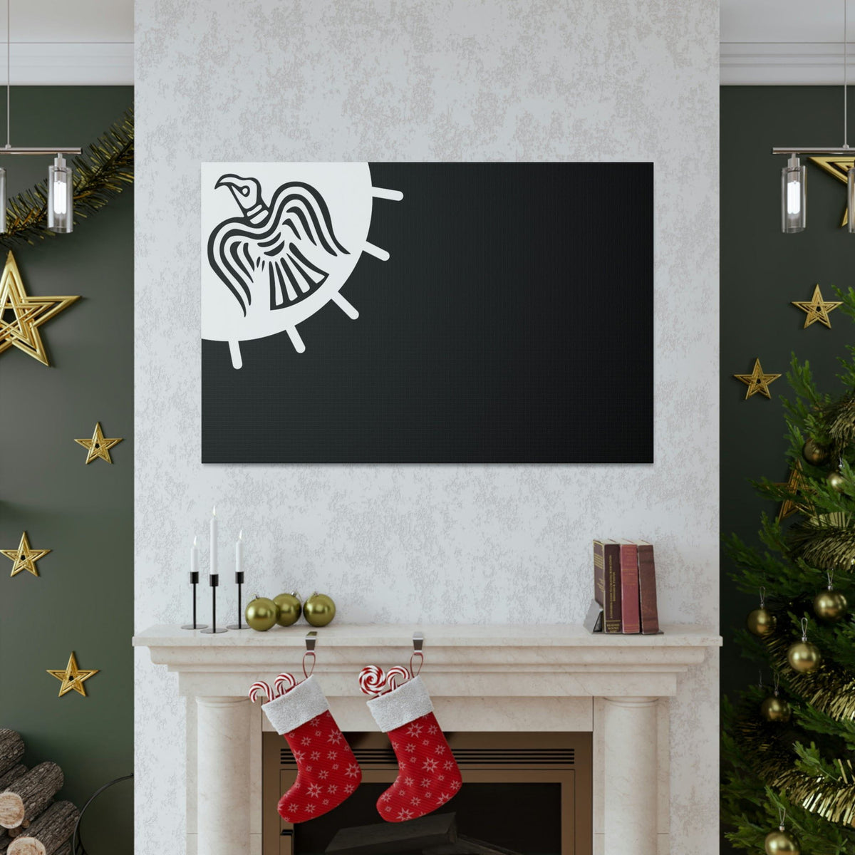 Viking Art on Canvas - Odin&#39;s Raven on White background on Black Banner