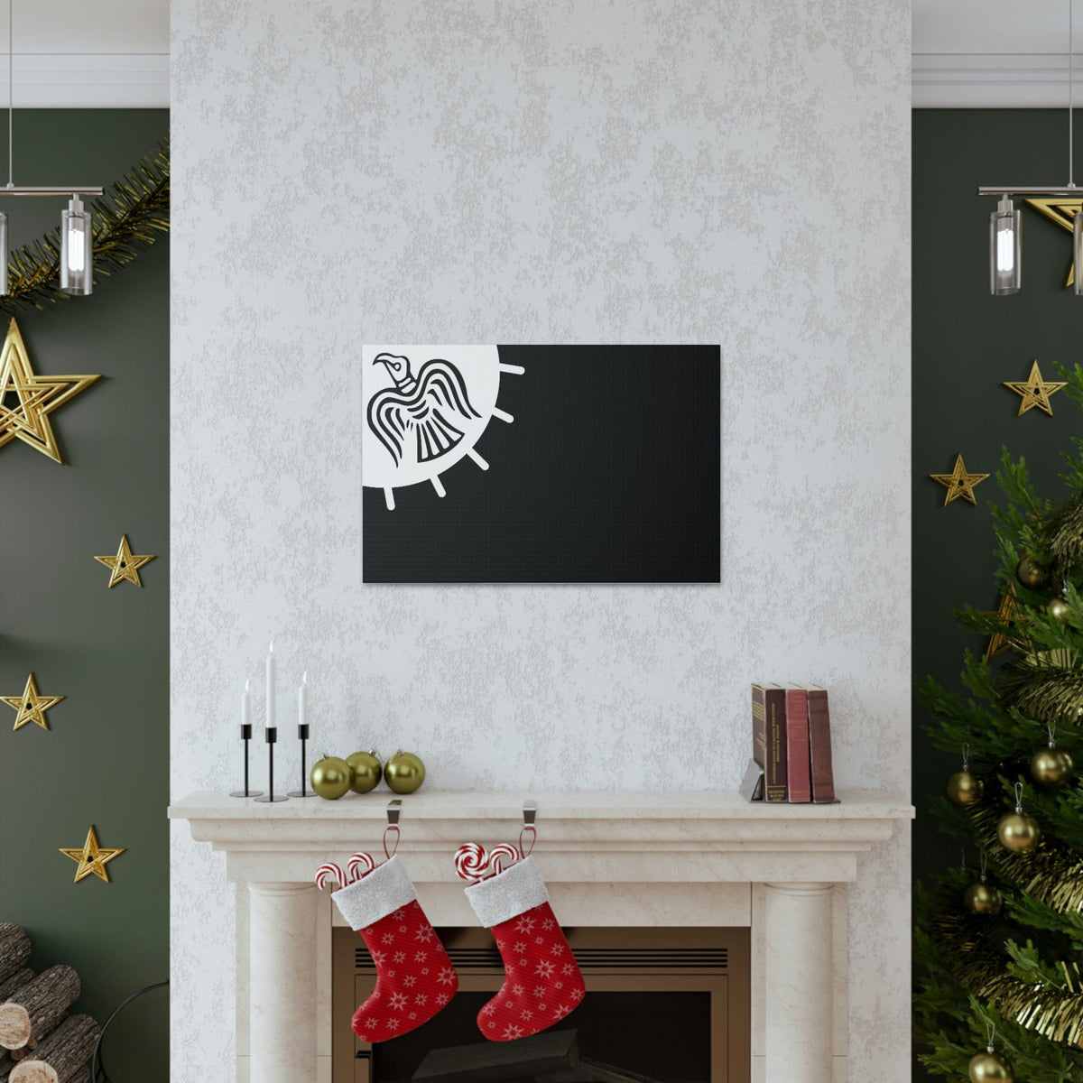 Viking Art on Canvas - Odin&#39;s Raven on White background on Black Banner