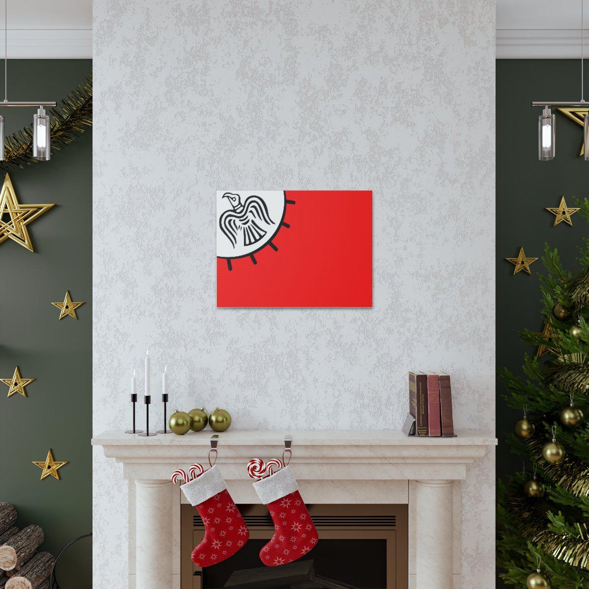 Viking Art on Canvas - Odin&#39;s Raven on White background on Red Banner